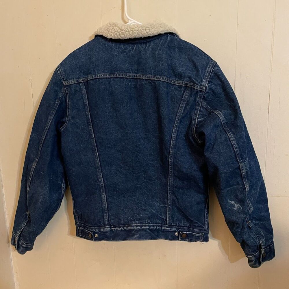 Vintage 70s PLAIN POCKETS Sherpa Lined Denim Trucker JACKET 36 - Picture 3 of 9